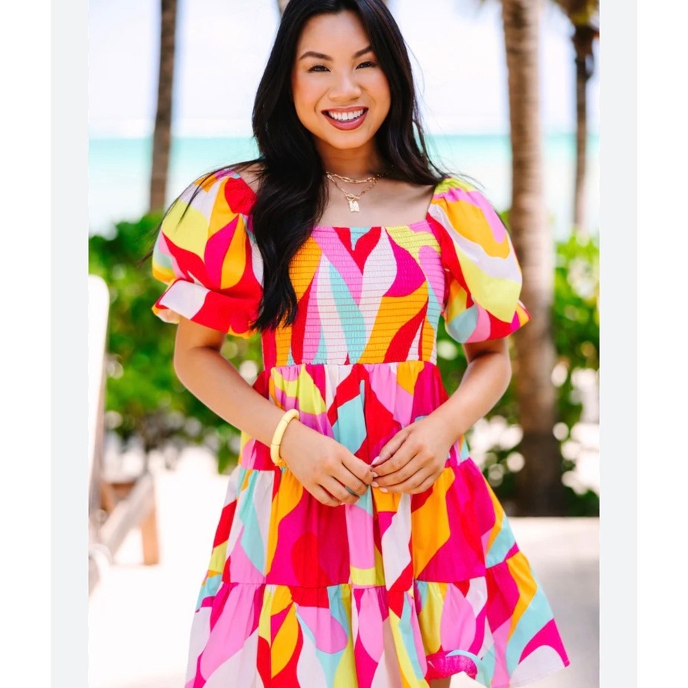 Pants Store Sweet Dreams Abstract Mini Dress Multi Color Smocked Puff Sleeve S